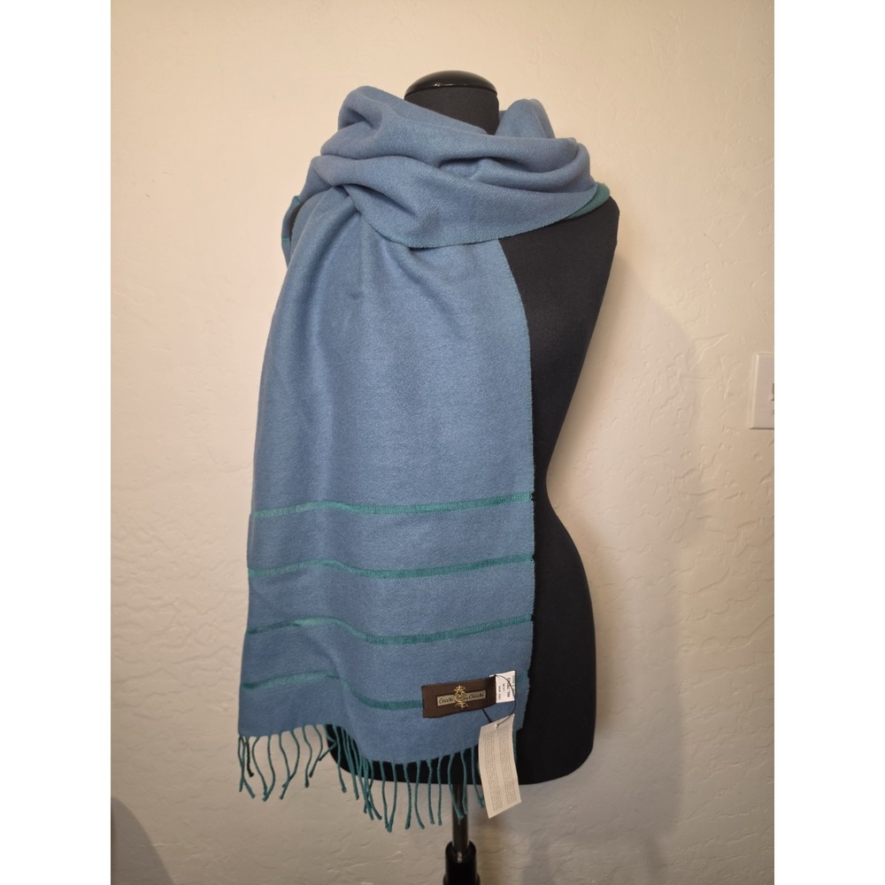 Cecchi e Cecchi Italy blue green Scarf striped Eyelash Fringe Wrap 100% wool